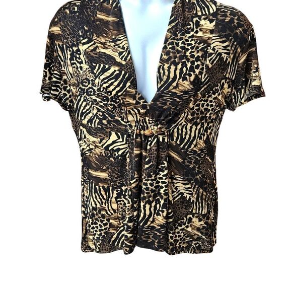 NOTATIONS Women's Short Sleeve 2For One Safari Leopard Print Blouse Size Large - Picture 2 of 16